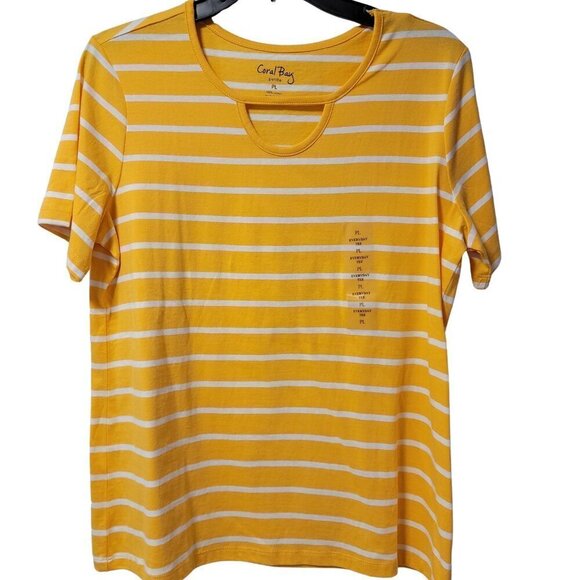 ❤️ Coral Bay Yellow Stripe Short Sleeve Petite Large Tee Tunic Top NWT❤️ - Picture 1 of 9